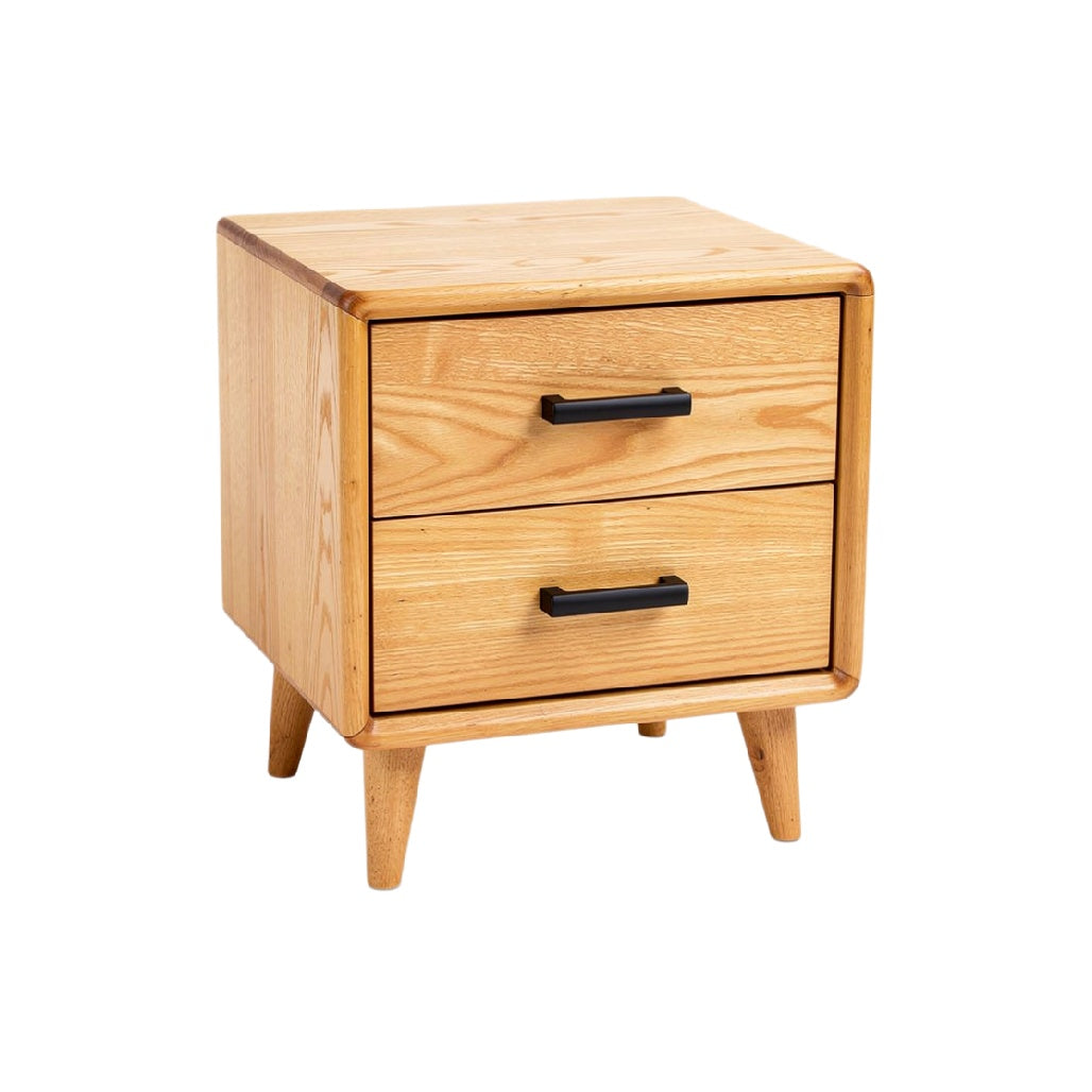 Modern Wooden Nightstand with Two Drawers and Black Metal Handles